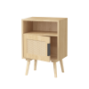 22.83'' H Rattan Nightstand, Side Table with Door Open Shelf, Accent Bedside End Table with Solid Wood Legs for Bedroom, Dorm and Small Spaces, Oak