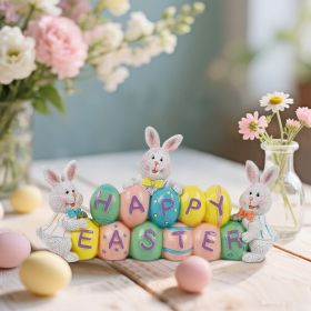 Easter Decorations Eggs Bunny, Hand-Painted Resin Tabletop Centerpiece, Decor Bunny Figurine for Home Room Table Office Party (Happy Easter)