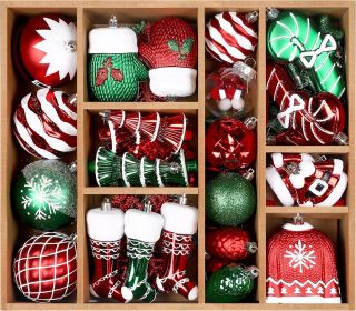 85ct Christmas Balls Ornaments Set, Colorful Shatterproof Plastic Christmas Tree Ornaments (Color: Red & Green & White)